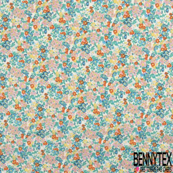 Coton imprimé floral champêtre ton kaki fushia conque fond blanc cassé