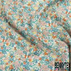 Coton imprimé floral champêtre ton kaki fushia conque fond blanc cassé