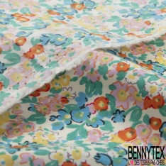 Coton imprimé floral champêtre ton kaki fushia conque fond blanc cassé