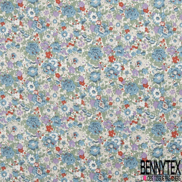 Coton imprimé marguerite polignac bleu entremêlée fond rose crayeux