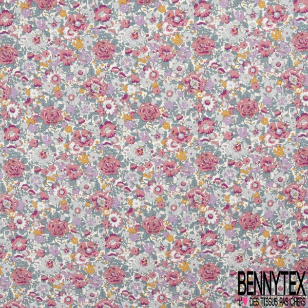 Coton imprimé papier peint rétro floral ton tilleul brume d'orchidée rouge bleu fond blanc