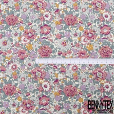 Coton imprimé papier peint rétro floral ton tilleul brume d'orchidée rouge bleu fond blanc