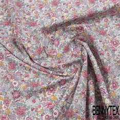 Coton imprimé papier peint rétro floral ton tilleul brume d'orchidée rouge bleu fond blanc