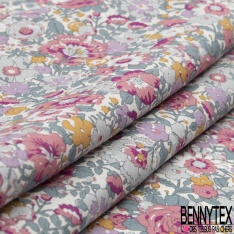 Coton imprimé papier peint rétro floral ton tilleul brume d'orchidée rouge bleu fond blanc