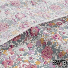 Coton imprimé papier peint rétro floral ton tilleul brume d'orchidée rouge bleu fond blanc