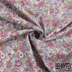 Coton imprimé papier peint rétro floral ton tilleul brume d'orchidée rouge bleu fond blanc