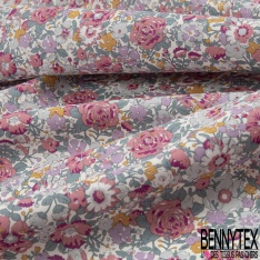 Coton imprimé papier peint rétro floral ton tilleul brume d'orchidée rouge bleu fond blanc