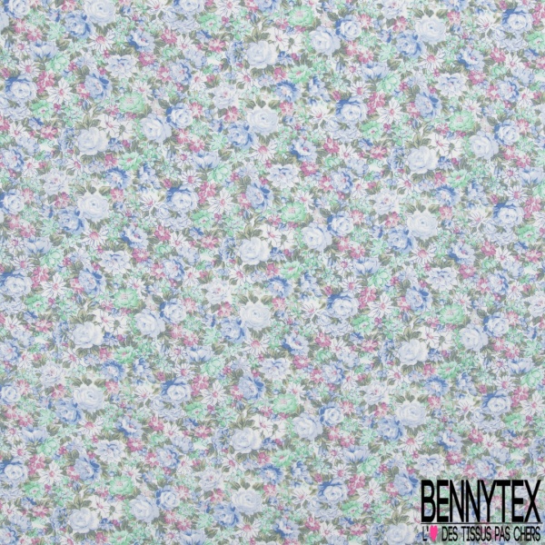 Coton imprimé papier peint rétro floral ton rose quartz brume d'orchidée moutarde vert de gris fond blanc