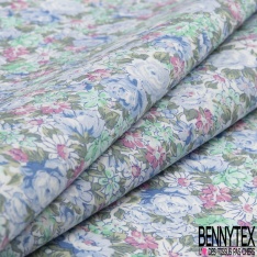 Coton imprimé papier peint rétro floral ton rose quartz brume d'orchidée moutarde vert de gris fond blanc