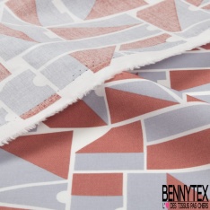 Coton imprimé géométrique fantaisie bicolore beige français bleu barbeau fond blanc