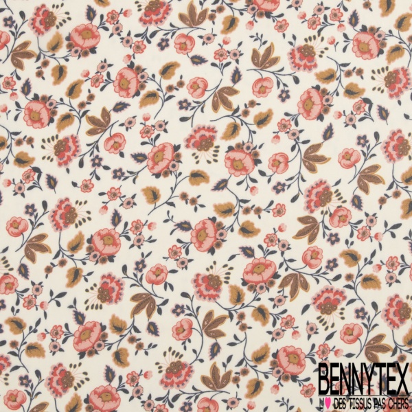 Mousseline georgette grand imprimé floral cachemire indien ton miel rouille bleu