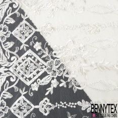 Dentelle mariage brodée perlée festonnée double base ton gris mouette
