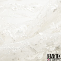 Dentelle mariage brodée perlée festonnée double base ton gris mouette
