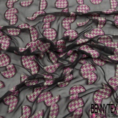 Mousseline soie viscose noir lancée découpée rond imbriqué pied de poule amande orchidée