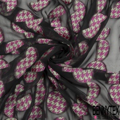 Mousseline soie viscose noir lancée découpée rond imbriqué pied de poule amande orchidée