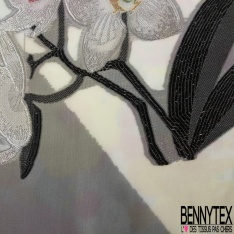 Mousseline soie viscose noir lancée découpée rond imbriqué pied de poule marine rose