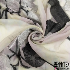 Mousseline soie viscose noir lancée découpée rond imbriqué pied de poule marine rose