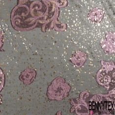 Mousseline soie viscose noir lancée découpée guirlande floral lurex or petite laize