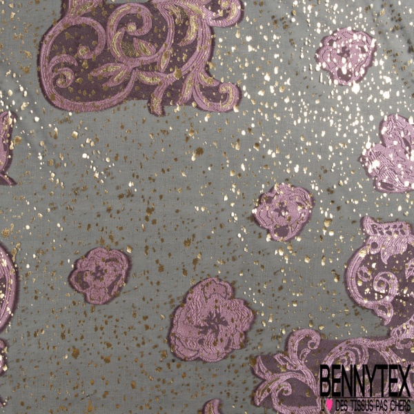 Mousseline soie viscose noir lancée découpée guirlande floral lurex or petite laize
