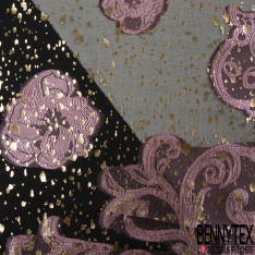 Mousseline soie viscose noir lancée découpée guirlande floral lurex or petite laize