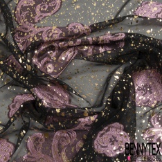 Mousseline soie viscose noir lancée découpée guirlande floral lurex or petite laize