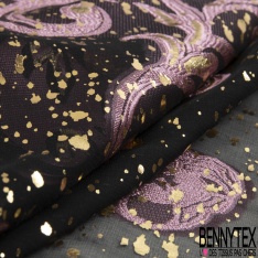 Mousseline soie viscose noir lancée découpée guirlande floral lurex or petite laize