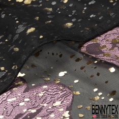 Mousseline soie viscose noir lancée découpée guirlande floral lurex or petite laize