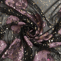 Mousseline soie viscose noir lancée découpée guirlande floral lurex or petite laize