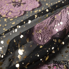 Mousseline soie viscose noir lancée découpée guirlande floral lurex or petite laize