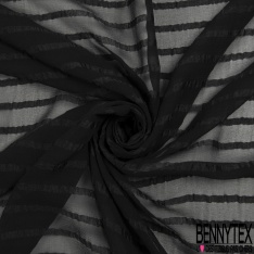 Mousseline soie coton noir lancée découpée motif carré et fine rayure horizontale ton sur ton noir