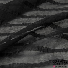 Mousseline soie coton noir lancée découpée motif carré et fine rayure horizontale ton sur ton noir