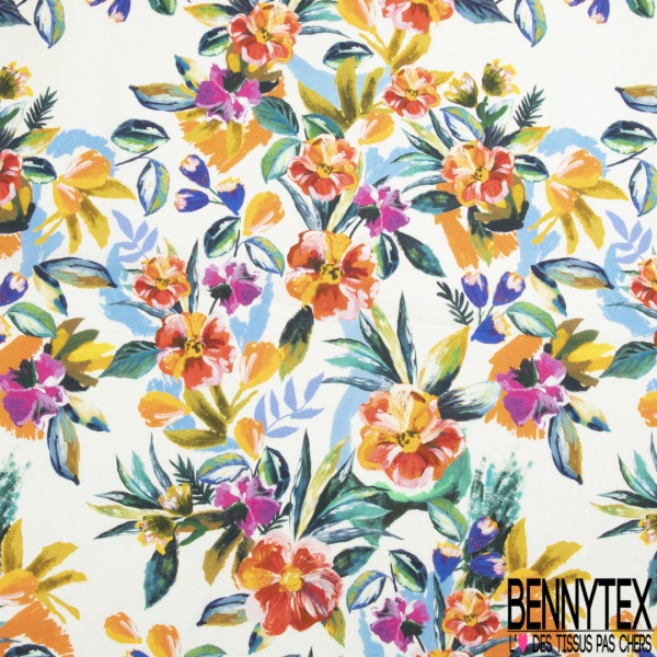 Coton façon Lin imprimé floral pictural multicolore fond blanc discret