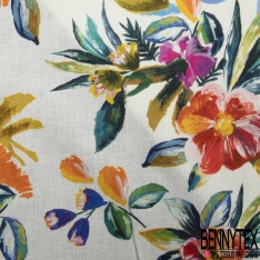 Coton façon Lin imprimé floral pictural multicolore fond blanc discret