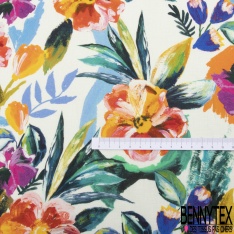 Coton façon Lin imprimé floral pictural multicolore fond blanc discret