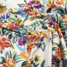 Coton façon Lin imprimé floral pictural multicolore fond blanc discret