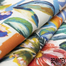 Coton façon Lin imprimé floral pictural multicolore fond blanc discret