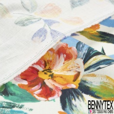 Coton façon Lin imprimé floral pictural multicolore fond blanc discret