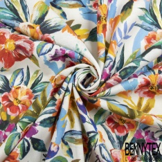 Coton façon Lin imprimé floral pictural multicolore fond blanc discret