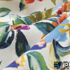 Coton façon Lin imprimé floral pictural multicolore fond blanc discret