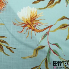 Coton façon Lin imprimé grande fleur tropicale fond bleu délicat