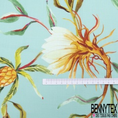 Coton façon Lin imprimé grande fleur tropicale fond bleu délicat