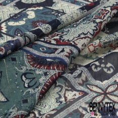 Coupon 3m mousseline crêpon polyester imprimé cachemire fond blanc hivernal rayure verticale lurex or