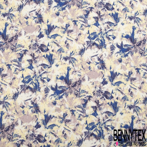 Fibranne Viscose imprimé palmier en solarisation jaune pastel marine taupe fond blanc