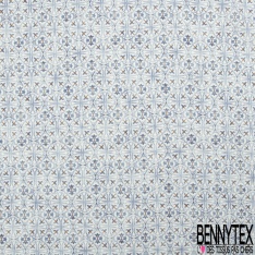 Coton façon Lin imprimé losange ethnique marine fond sable pastel