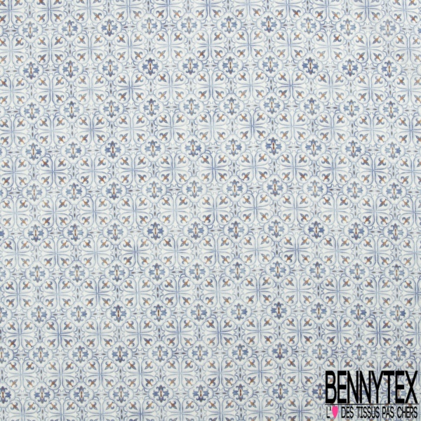 Coton façon Lin imprimé losange ethnique marine fond sable pastel