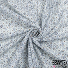 Coton façon Lin imprimé losange ethnique marine fond sable pastel