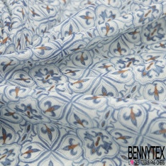 Coton façon Lin imprimé losange ethnique marine fond sable pastel