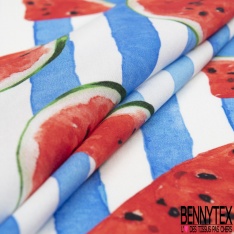 Fibranne Viscose imprimé tranche de pastèque fond rayure coloris bleu blanc verticale