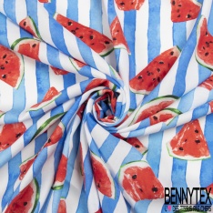 Fibranne Viscose imprimé tranche de pastèque fond rayure coloris bleu blanc verticale
