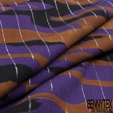 Fibranne Viscose crêpon grand imprimé papier peint seventie's ton aubergine violine ocre blanc cassé fond vermillon